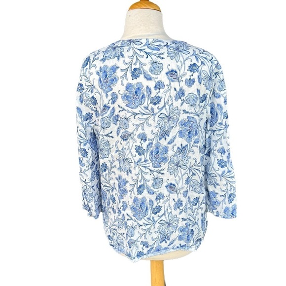 J. Jill Pintucked Printed Linen Popover White Mosaic Jacobean Bell Sleeves Small - Picture 4 of 10